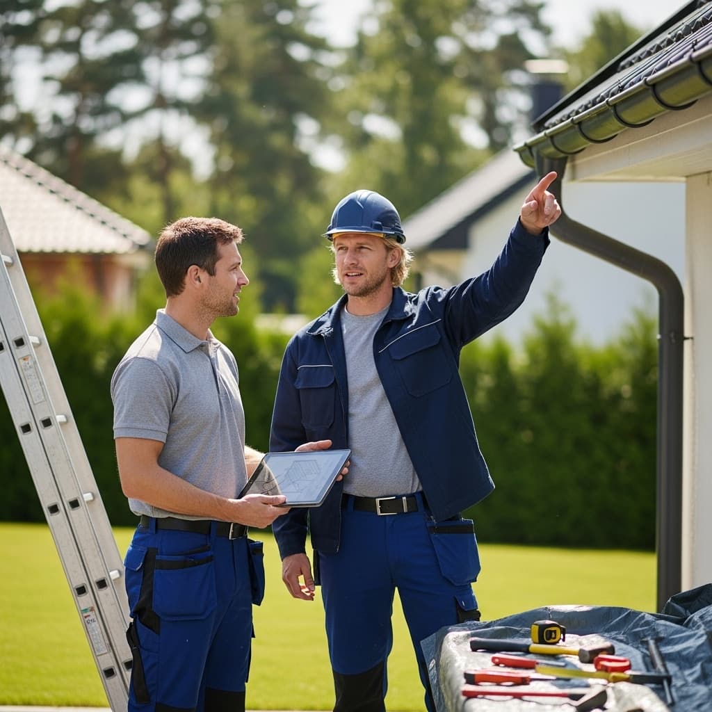 Two roofing contractors review a home's roof and gutters