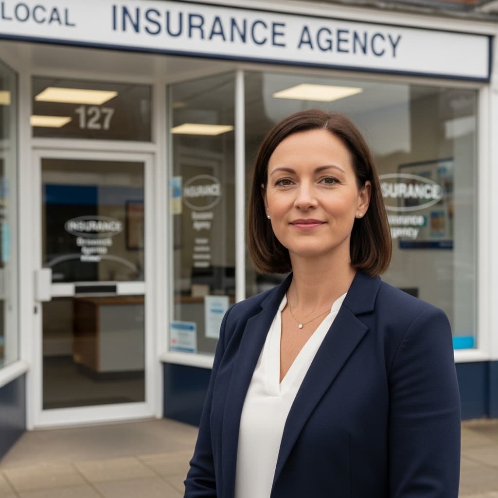 Professional woman standing outside a local insurance agency office