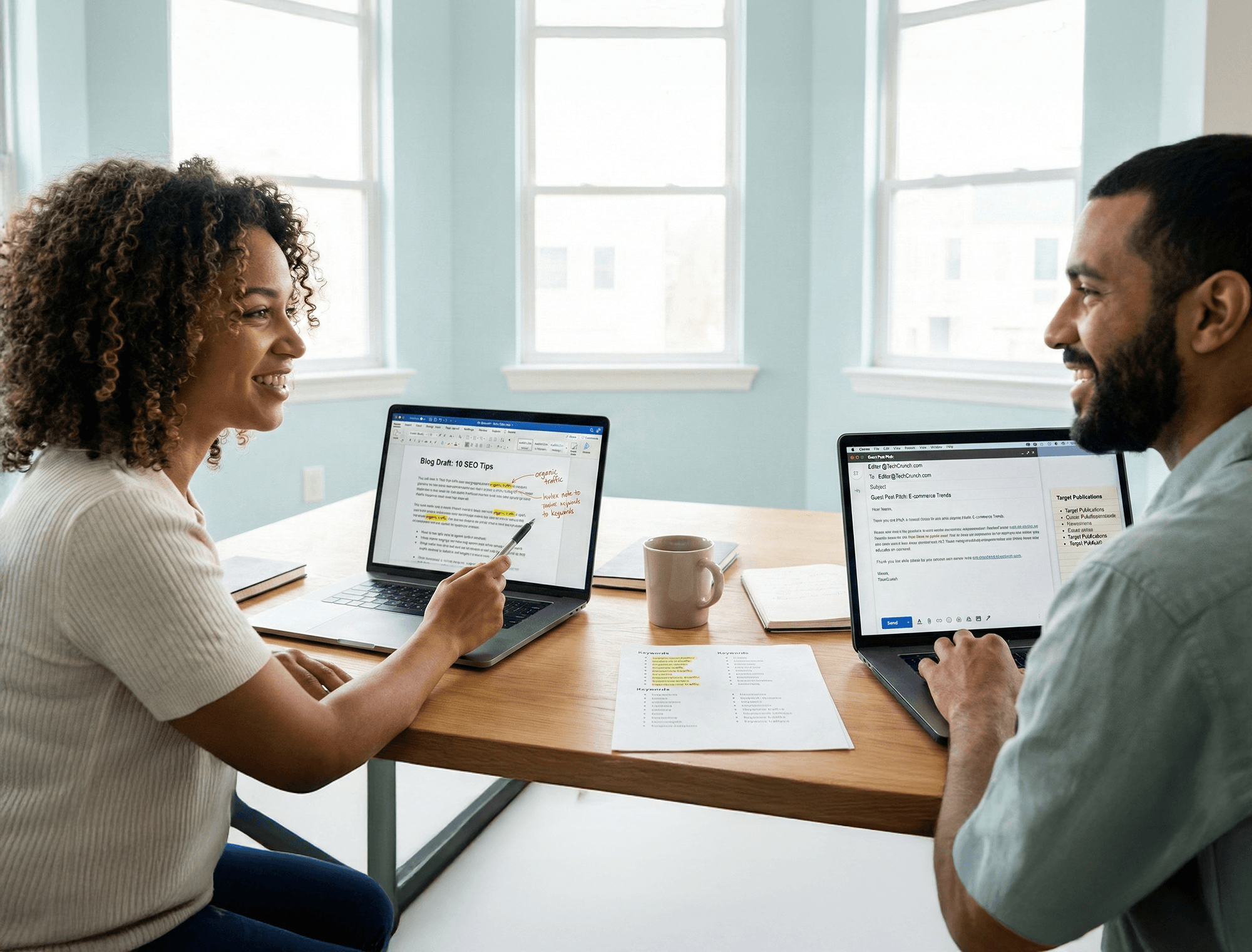 Content and link building strategy planning session with SEO team reviewing drafts and outreach notes