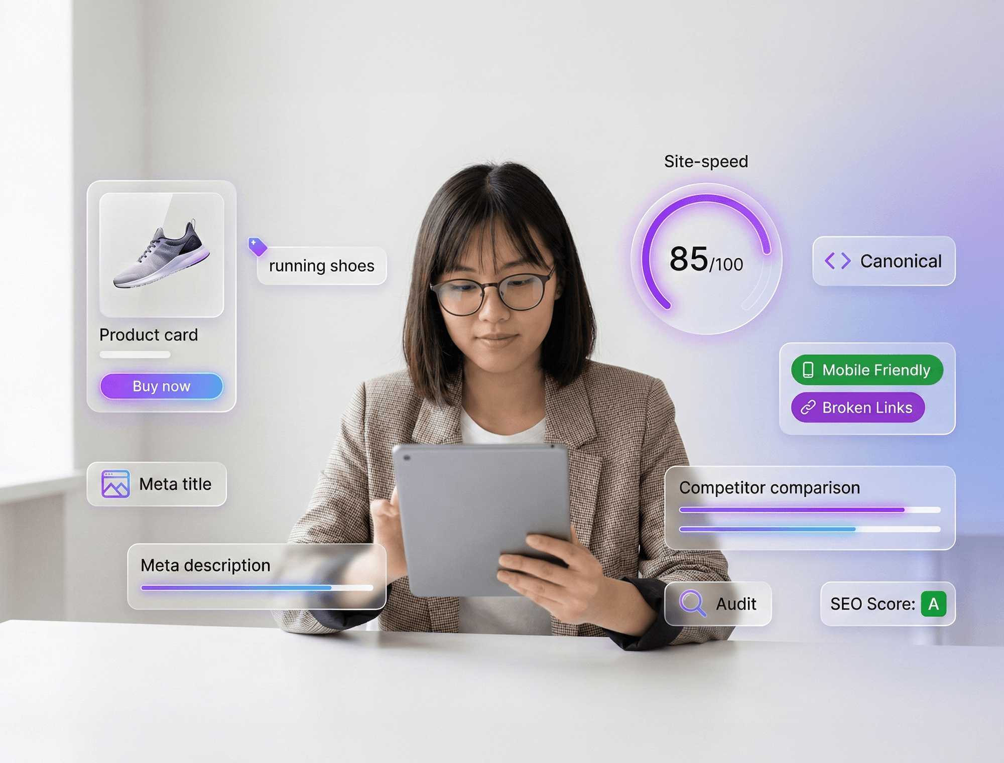 Deep Audit & Research dashboard view with analyst reviewing SEO metrics on tablet