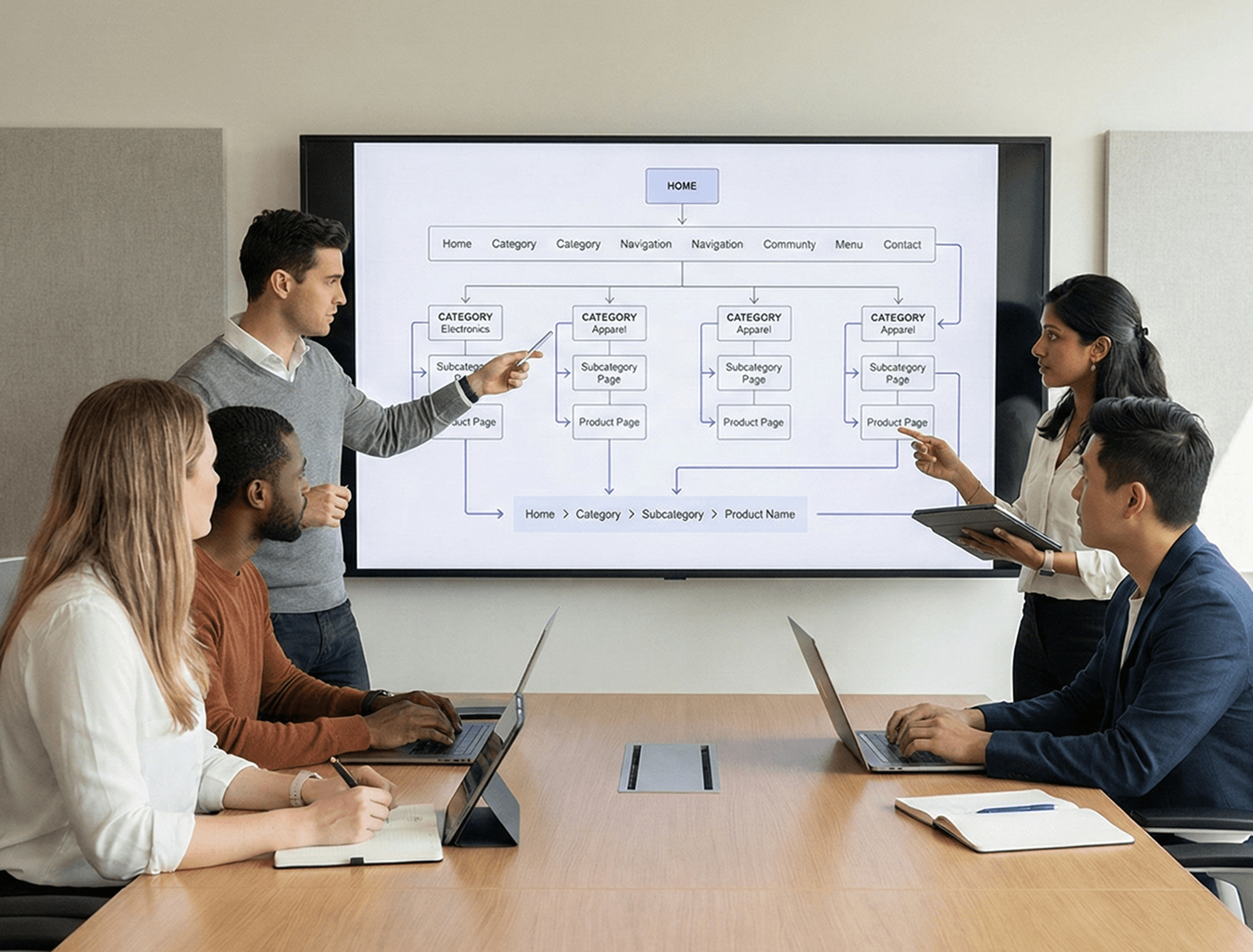 Team reviewing website structure diagram during planning meeting