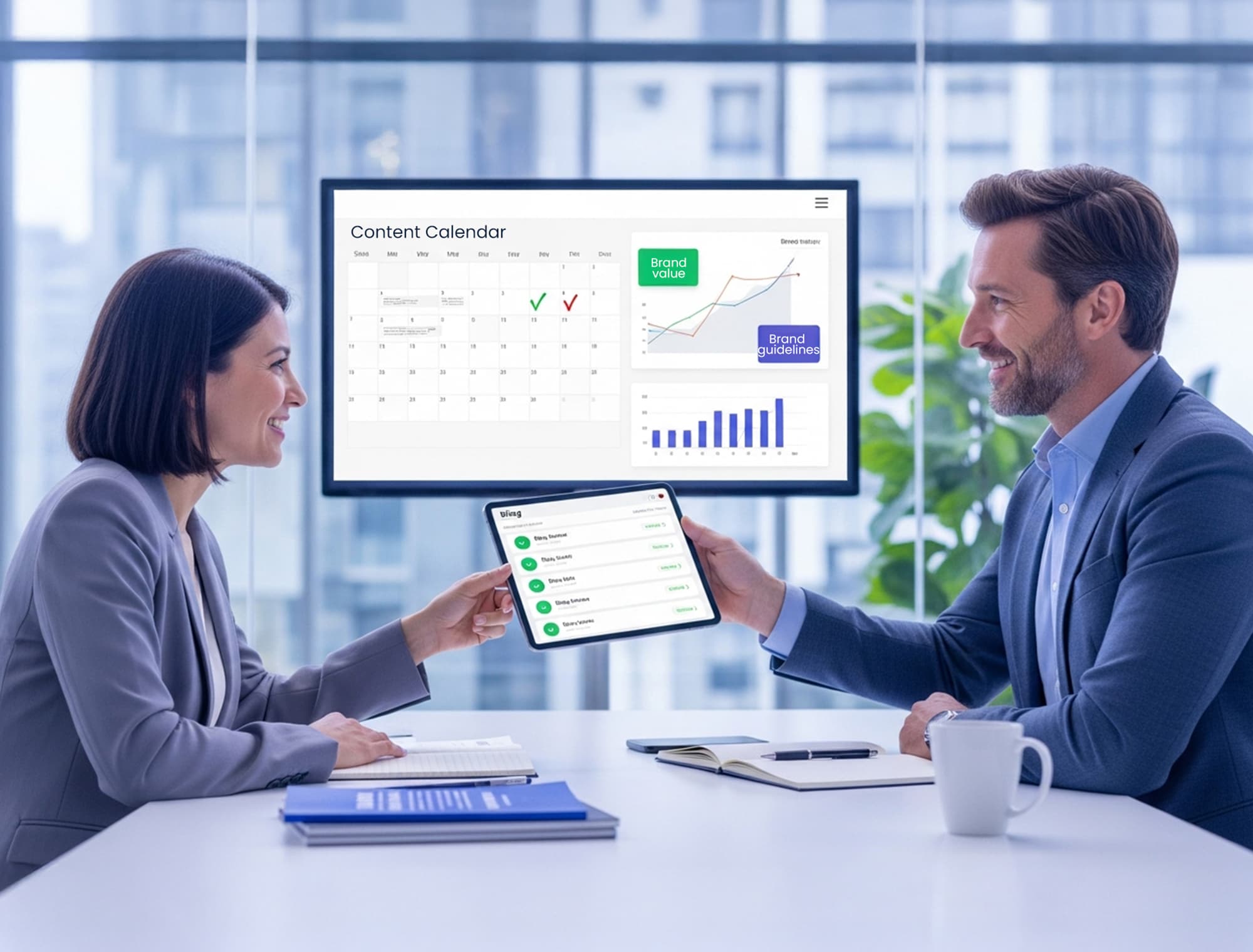 Content Delivery Meeting with Professionals Reviewing Schedule and Performance